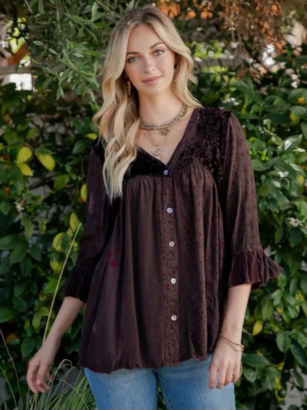 Bohemian Wood Button-Front Peasant Blouse - Dark Brown